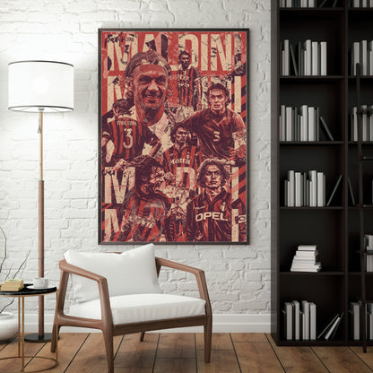 Paolo Maldini AC Milan football poster displayed in a modern interior with vintage red football artwork