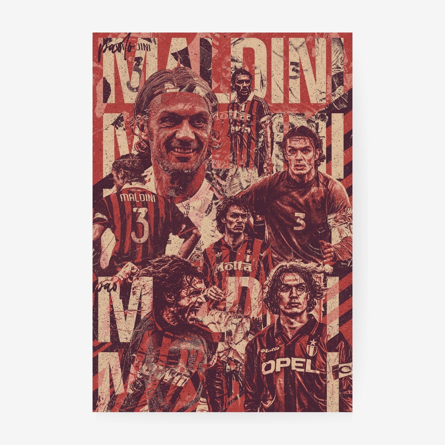 Paolo Maldini AC Milan football poster featuring iconic career moments and legendary number 3 imagery in a vintage red collage design