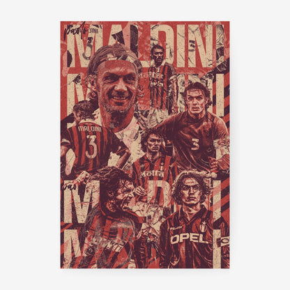 Paolo Maldini AC Milan football poster featuring iconic career moments and legendary number 3 imagery in a vintage red collage design