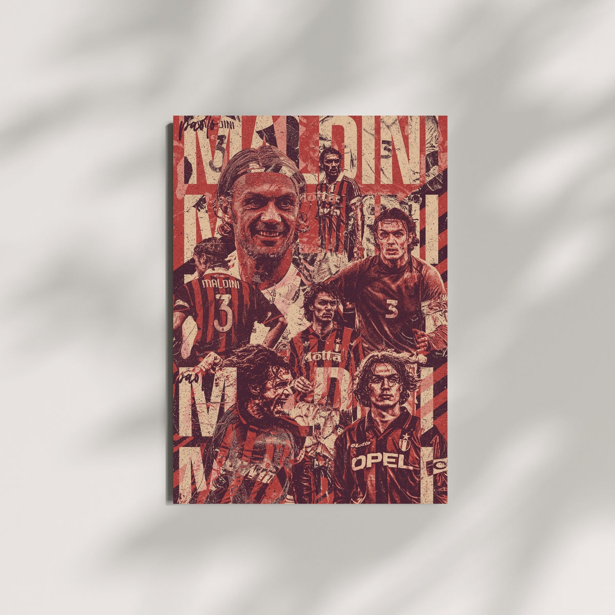 Paolo Maldini AC Milan football wall art displayed on a modern wall with a vintage red collage design
