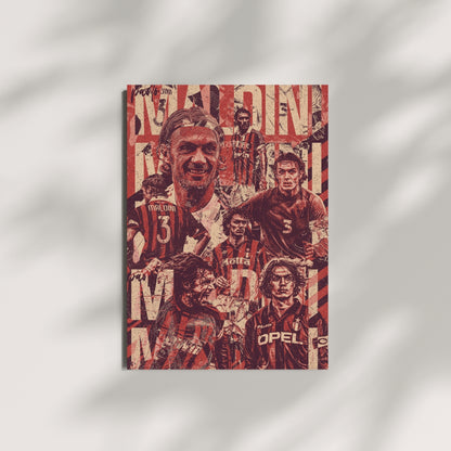 Paolo Maldini AC Milan football wall art displayed on a modern wall with a vintage red collage design