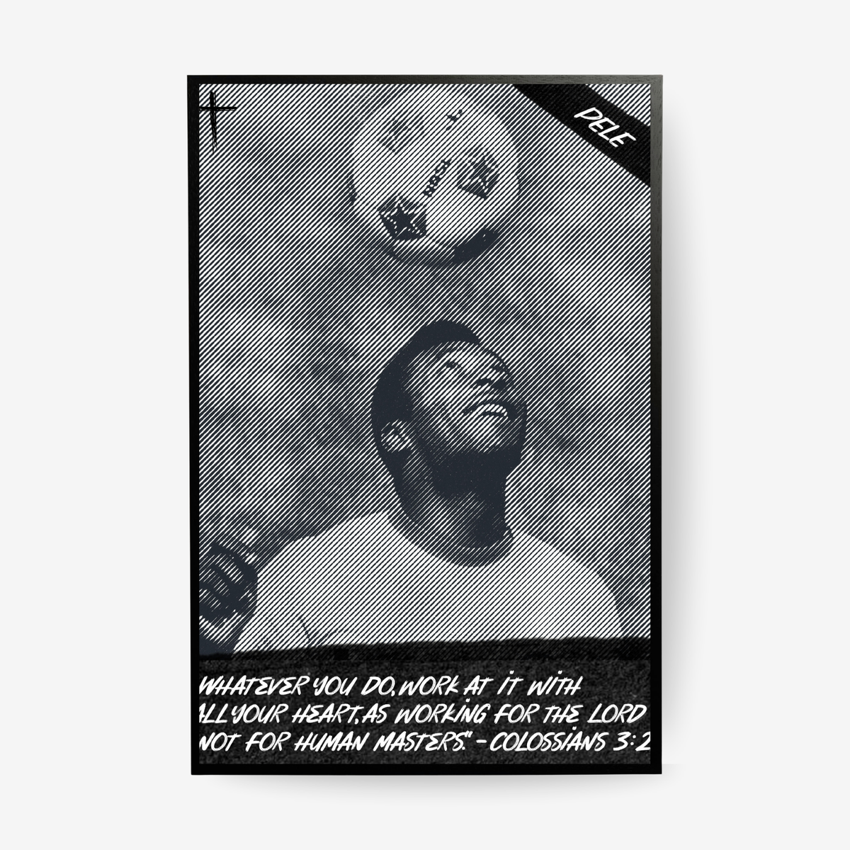 Pele football poster in a black frame featuring a black and white Brazil inspired design