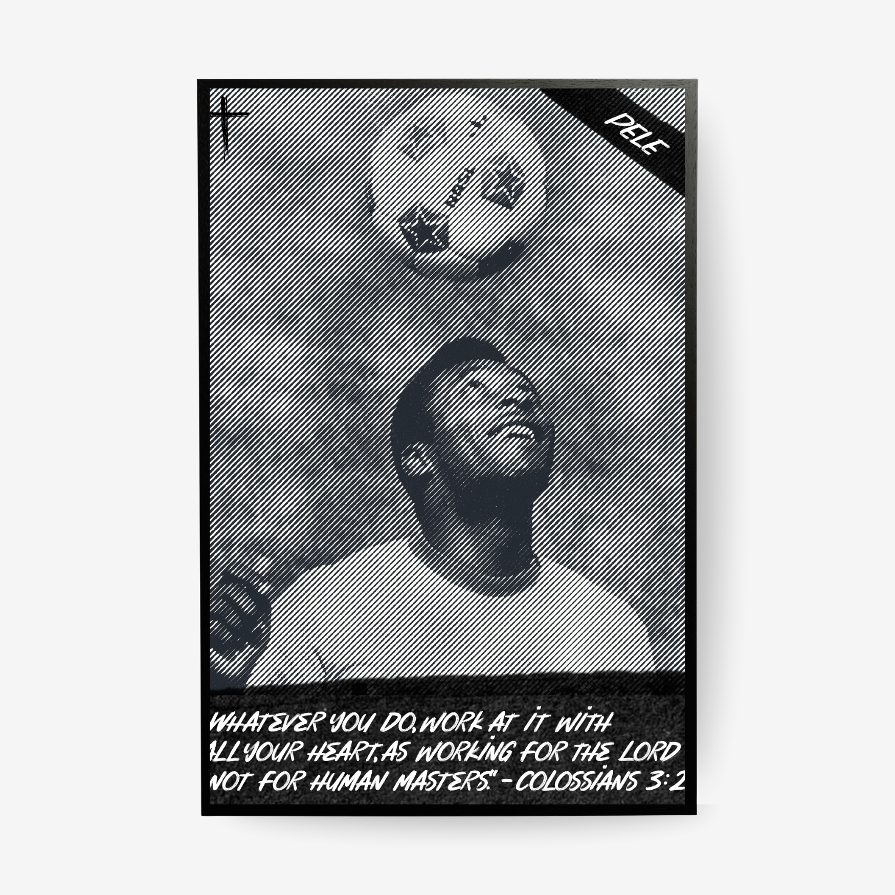 Pele football poster in a black frame featuring a black and white Brazil inspired design