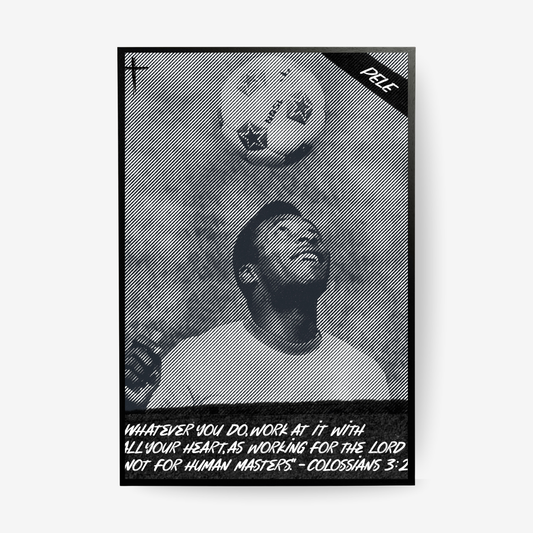 Pele football poster in a black frame featuring a black and white Brazil inspired design