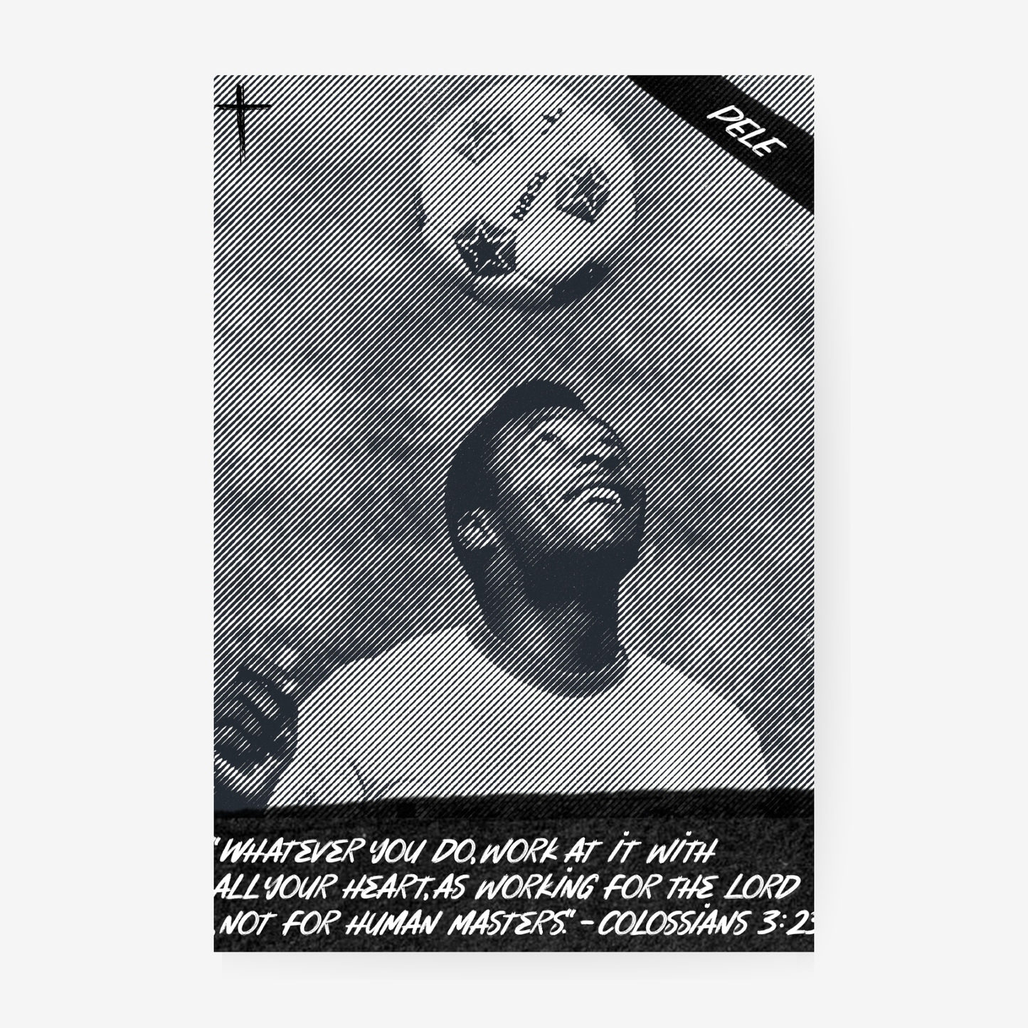 Pele football poster featuring a black and white retro design with a motivational Bible verse