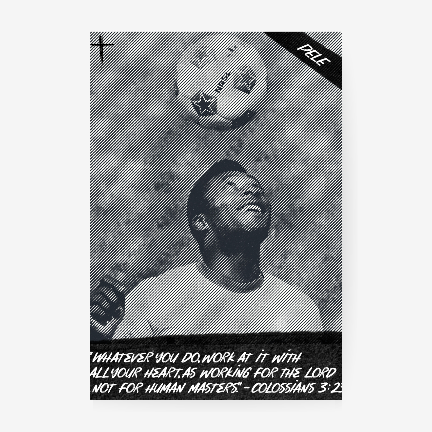 Pele football poster featuring a black and white retro design with a motivational Bible verse