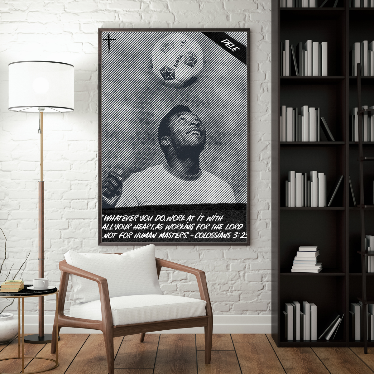 Pele football poster displayed in a modern interior with a dark frame