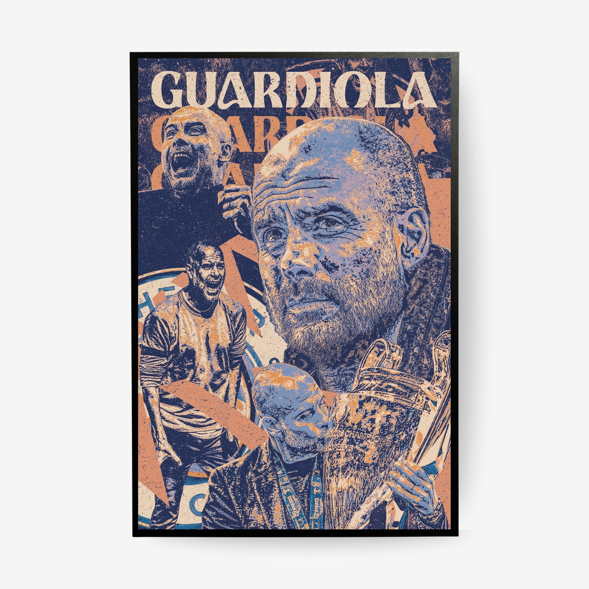 Pep Guardiola Manchester City football poster in a black frame featuring iconic moments from his career as City manager