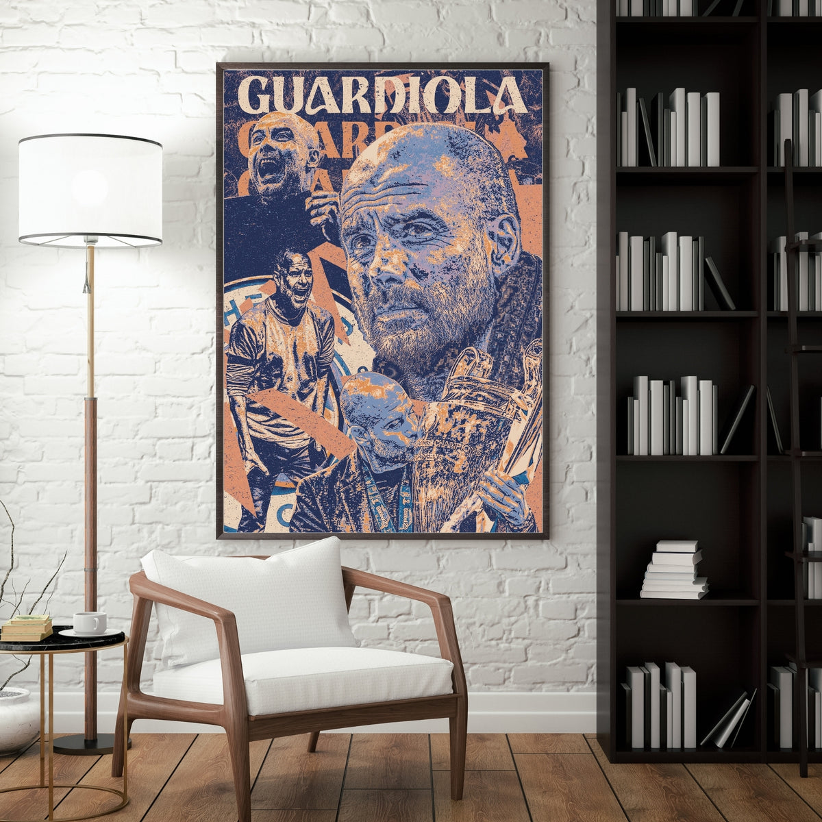 Pep Guardiola Manchester City football poster displayed in a modern interior featuring the legendary City manager