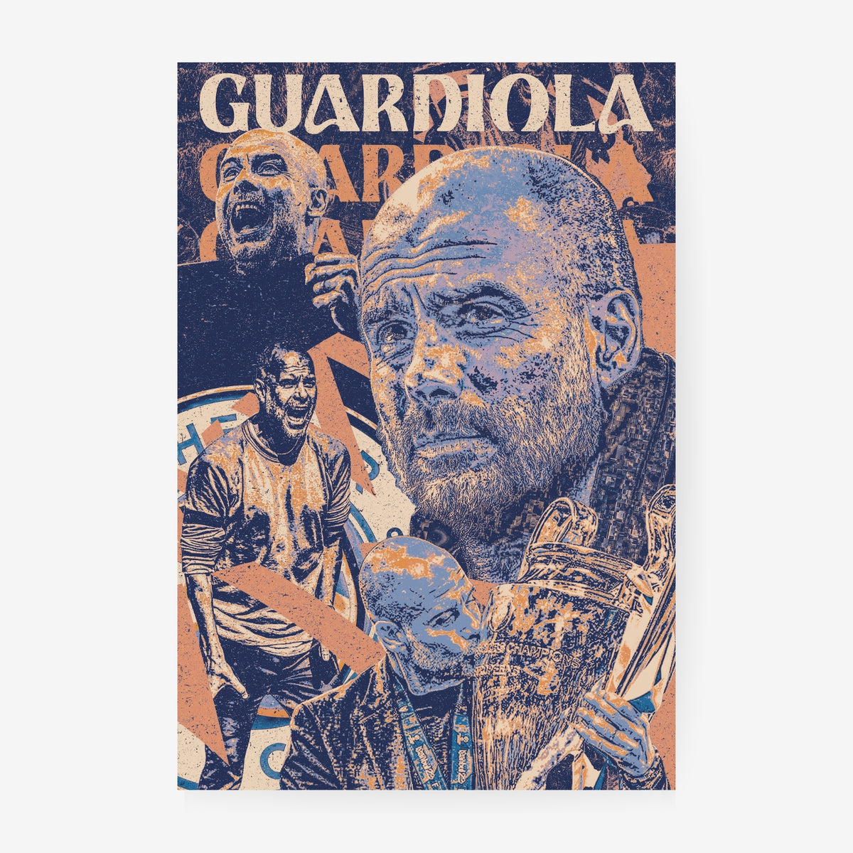 Pep Guardiola Manchester City football poster featuring the legendary manager and Premier League trophy celebrations
