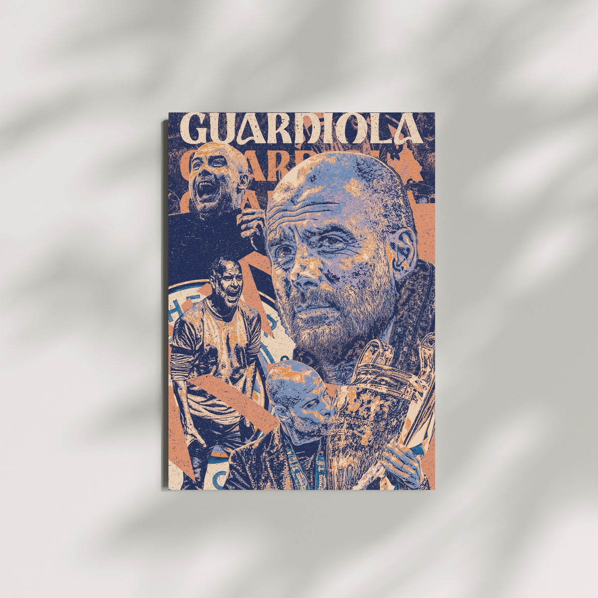 Pep Guardiola Manchester City football wall art displayed on a modern wall with a blue and orange vintage design