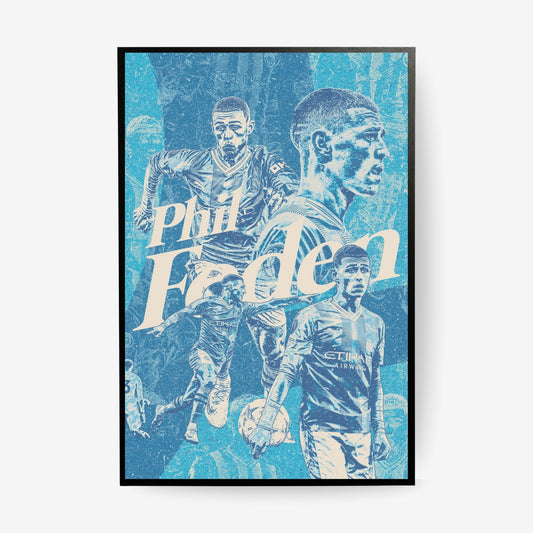 Phil Foden Manchester City poster in a black frame featuring a blue and cream vintage football collage design