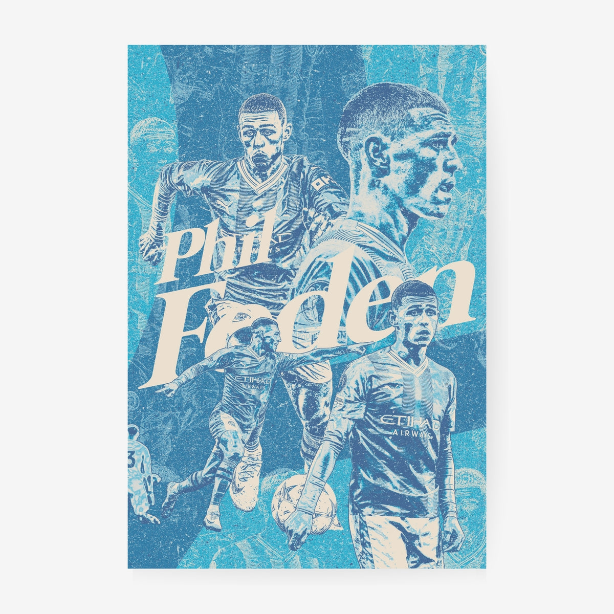 Phil Foden Manchester City poster featuring the English midfielder in a blue vintage-style football collage