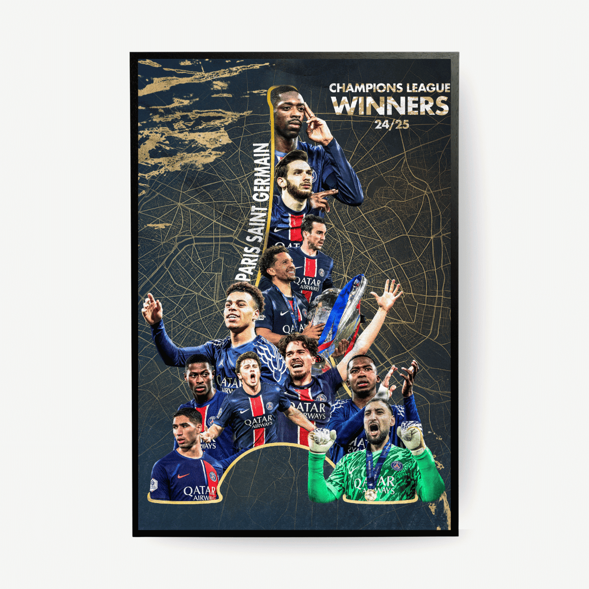 Paris Saint-Germain Champions League winners 2024/25 football poster – framed celebration wall art, perfect football gift