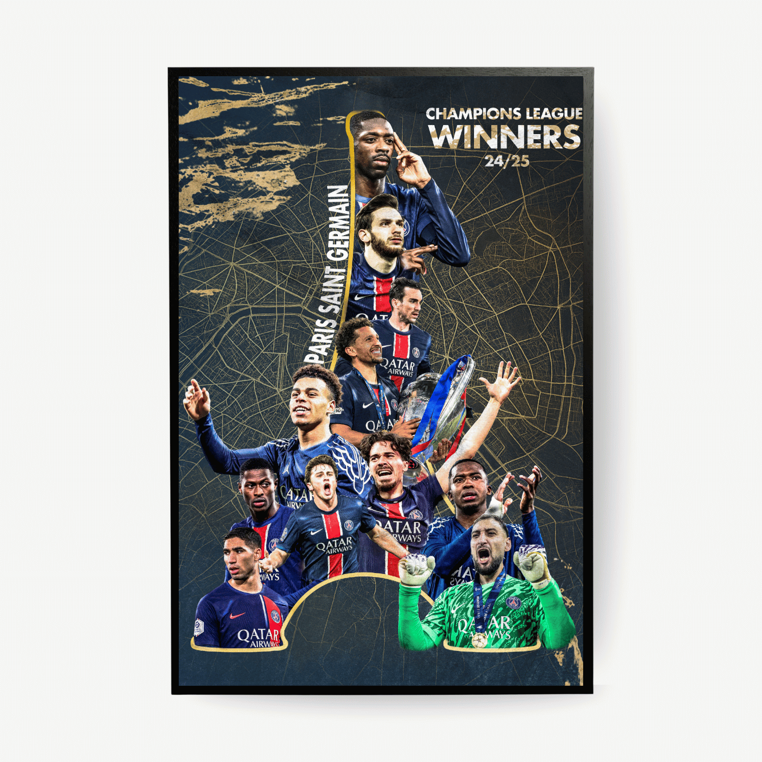 Paris Saint-Germain Champions League winners 2024/25 football poster – framed celebration wall art, perfect football gift