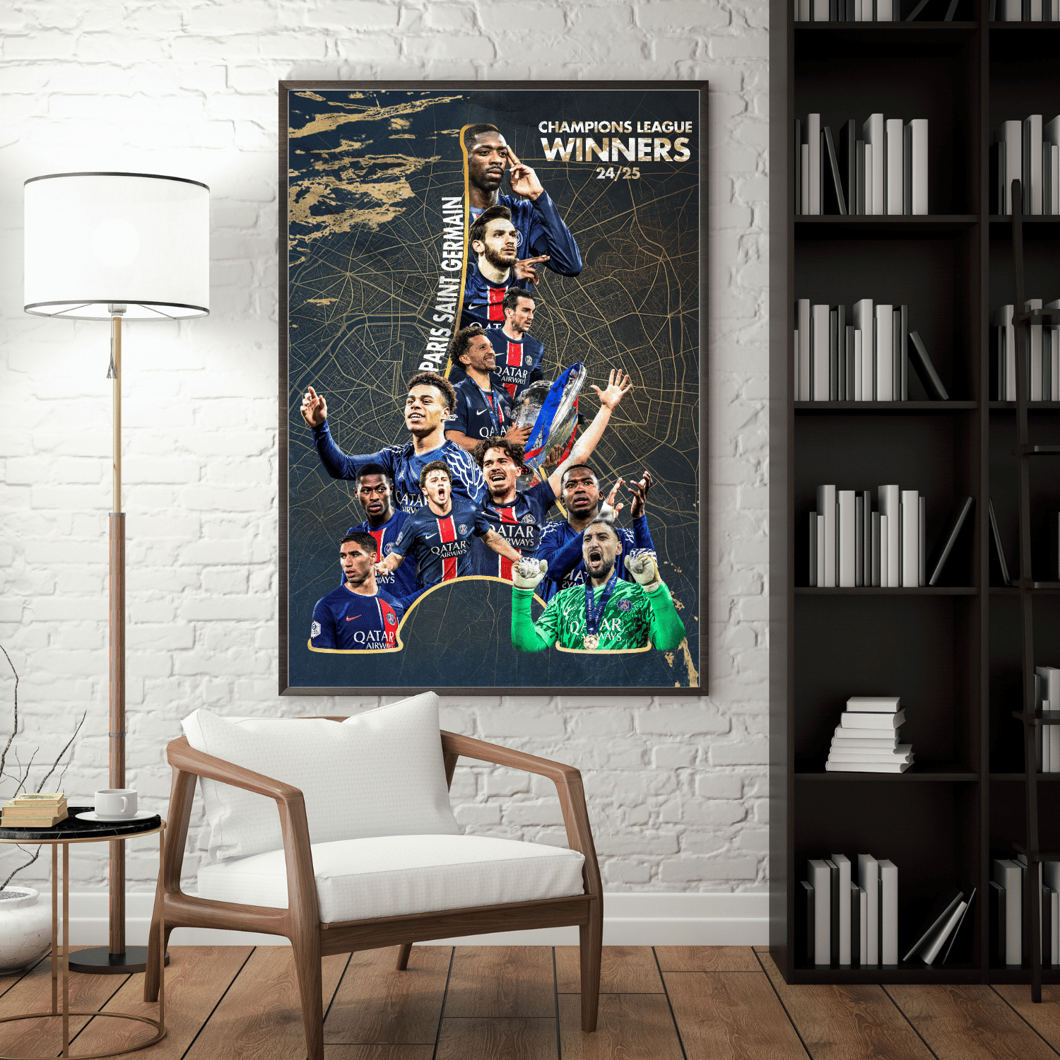 Framed PSG Champions League winners 2024/25 football poster – team celebration wall art in modern living room, football gift idea