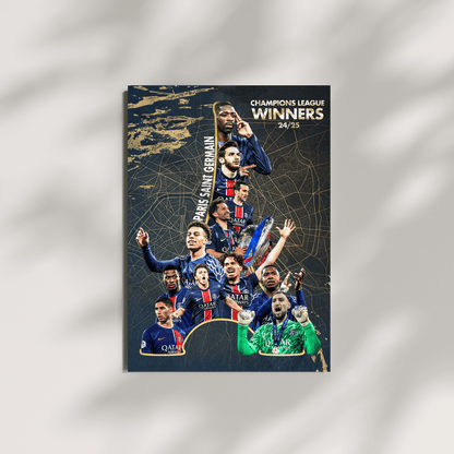 PSG Champions League winners 2024/25 football print – framed team celebration poster on neutral grey background, great football gift