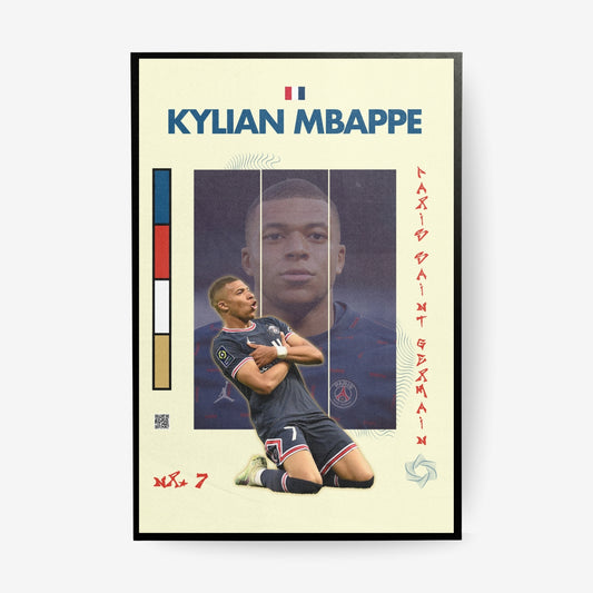 Kylian Mbappe football poster in a black frame featuring France and Paris inspired artwork