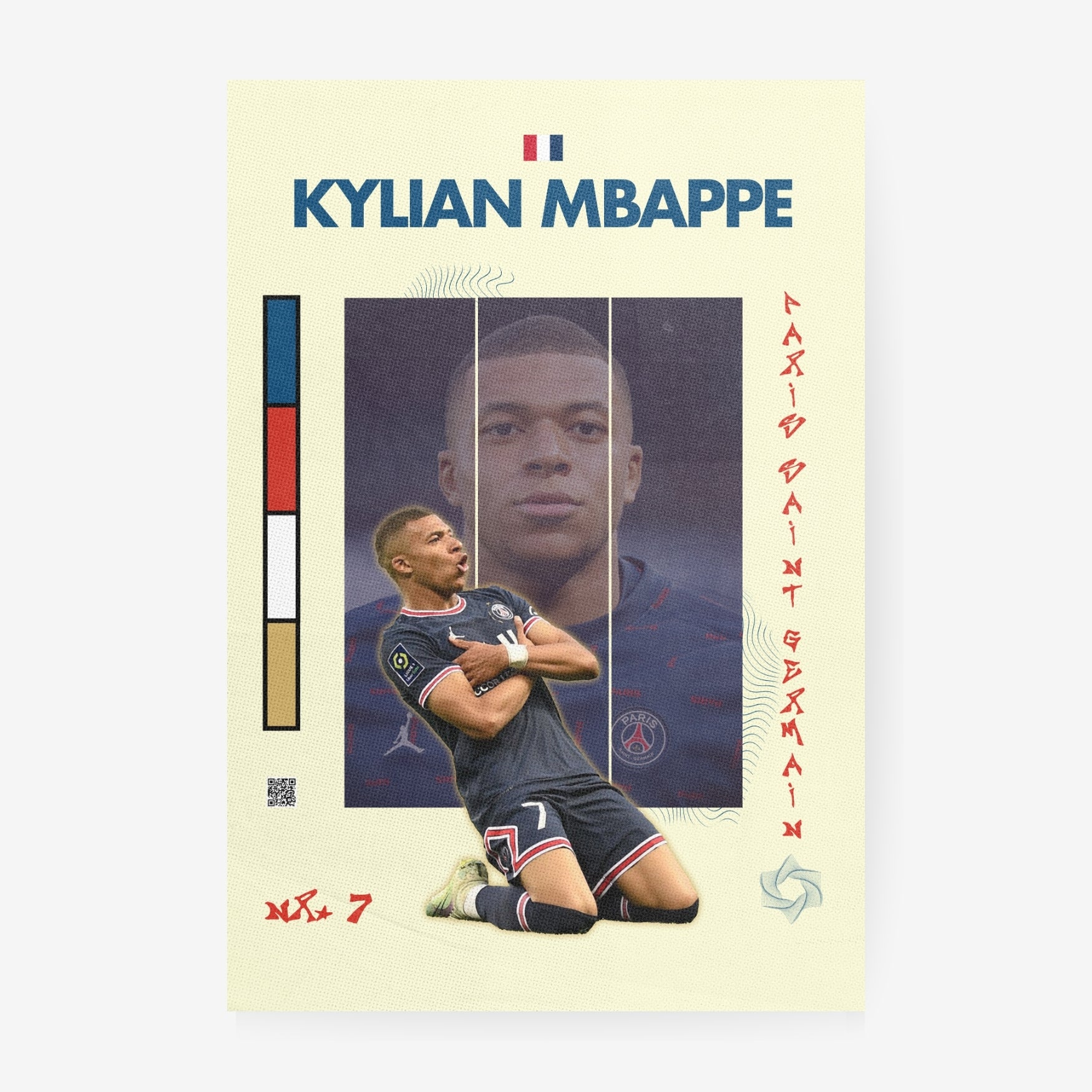 Kylian Mbappe football poster featuring France colors and Paris inspired design
