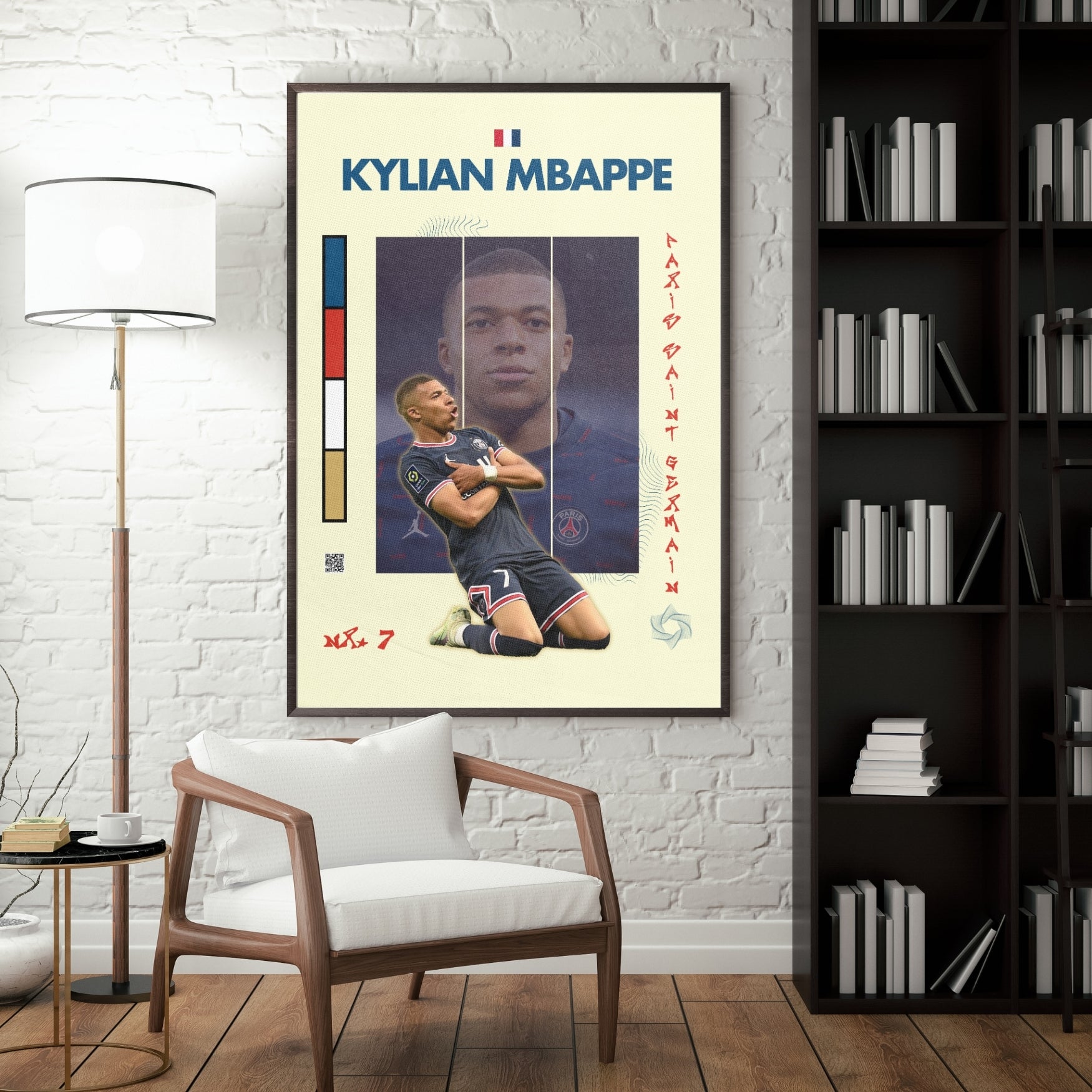 Kylian Mbappe football poster displayed in a modern interior with a dark frame