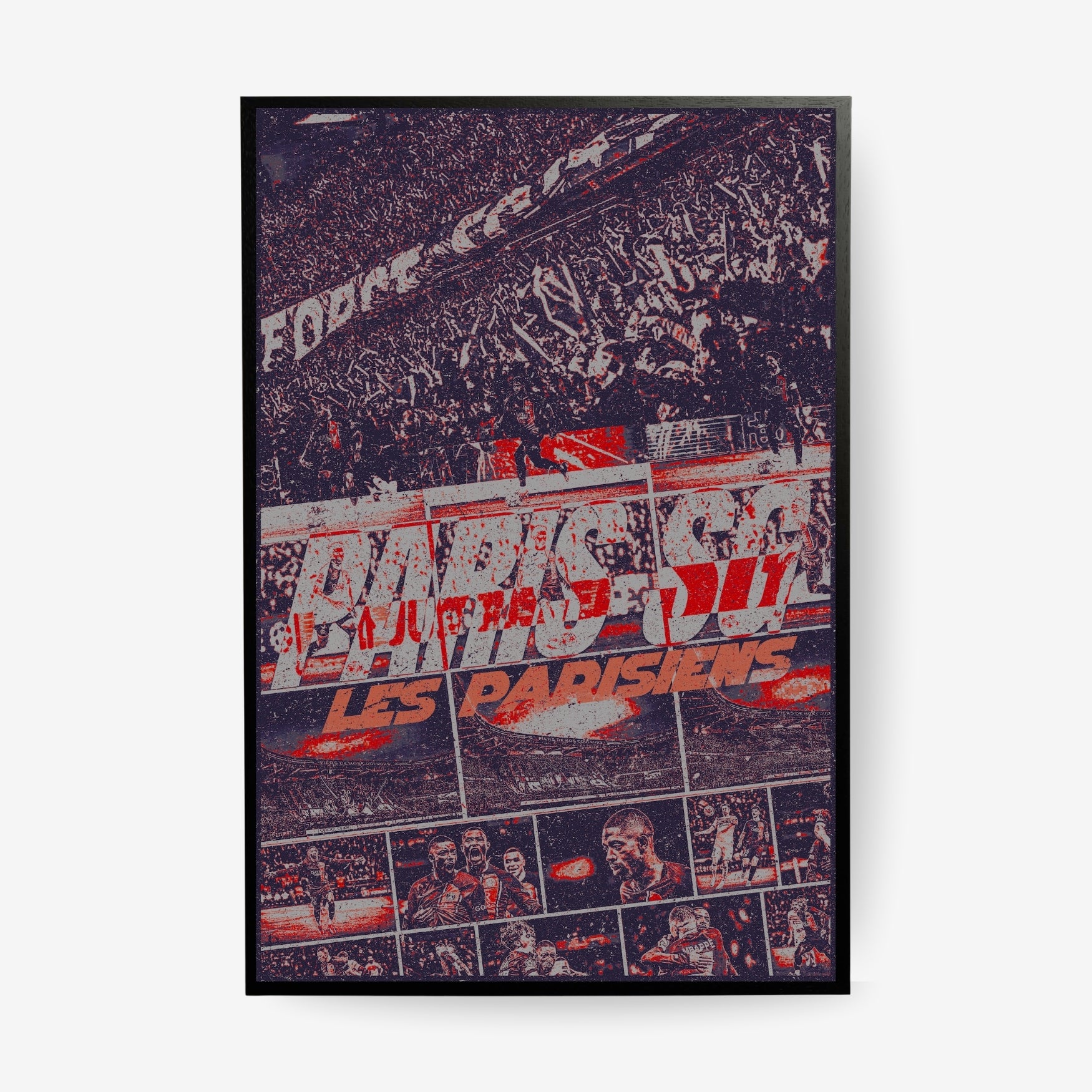 PSG Paris SG Les Parisiens football poster in a black frame featuring supporters, players and Parc des Princes