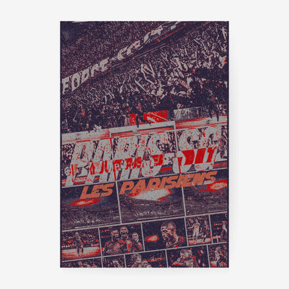 PSG Paris SG Les Parisiens football poster featuring supporters, iconic players and Parc des Princes