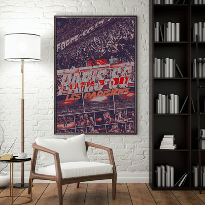 PSG Paris SG Les Parisiens football poster displayed in a modern interior with a black frame