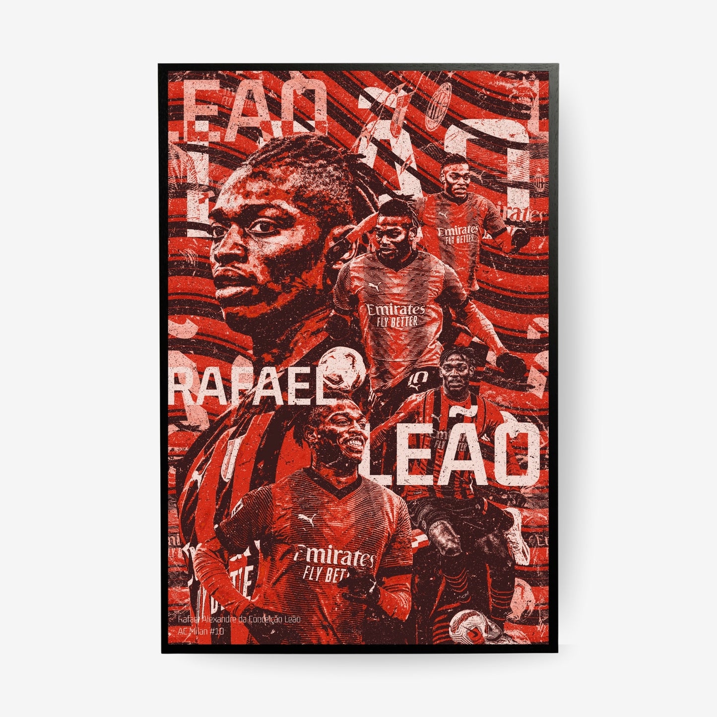 Rafael Leão football poster in a black frame featuring iconic AC Milan moments in a bold red and black vintage collage design
