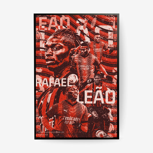Rafael Leão football poster in a black frame featuring iconic AC Milan moments in a bold red and black vintage collage design