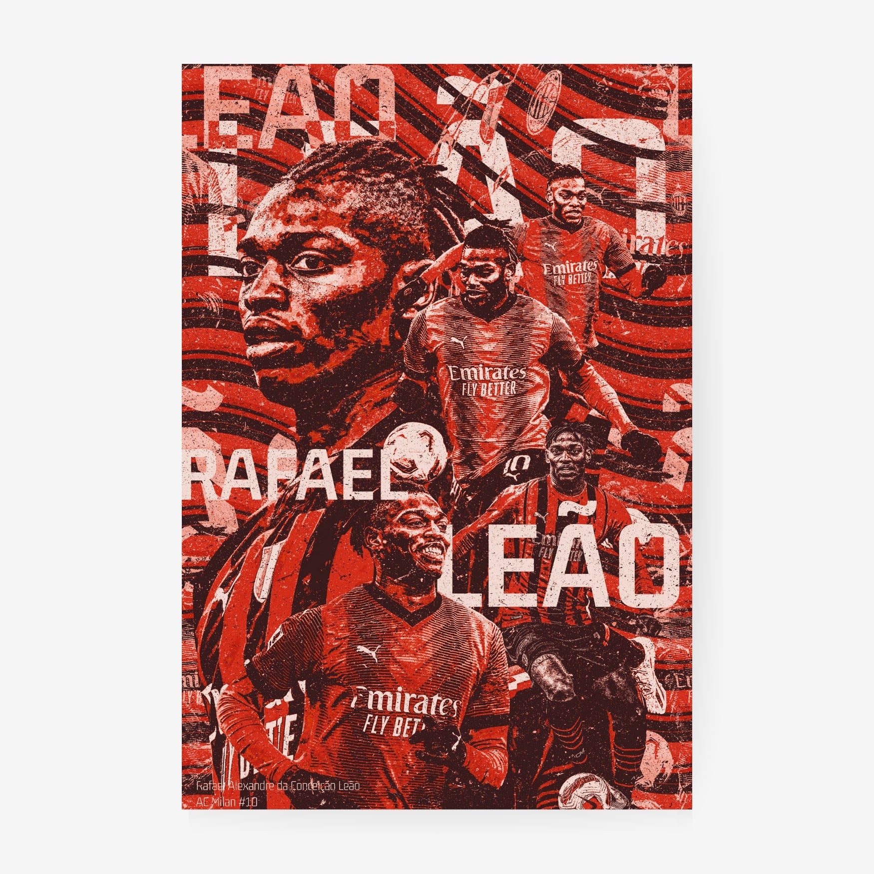 Rafael Leão football poster featuring AC Milan career moments in a red and black distressed collage design