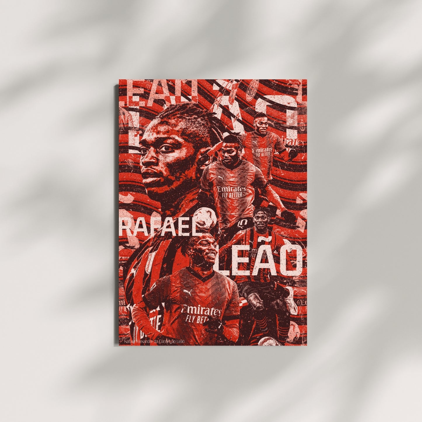 Rafael Leão football wall art featuring a red and black collage of the AC Milan forward displayed on a modern wall
