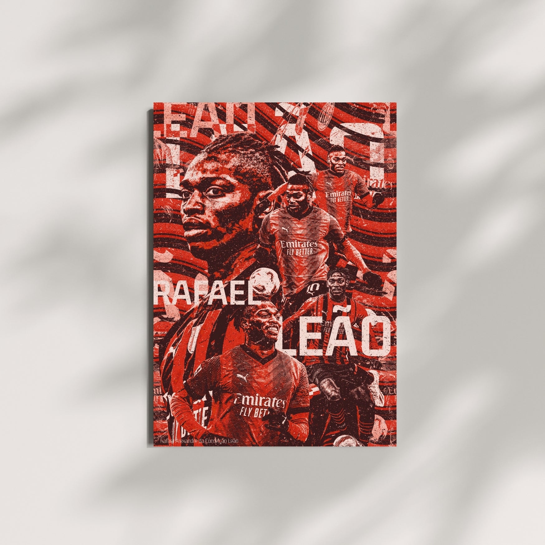 Rafael Leão football wall art featuring a red and black collage of the AC Milan forward displayed on a modern wall