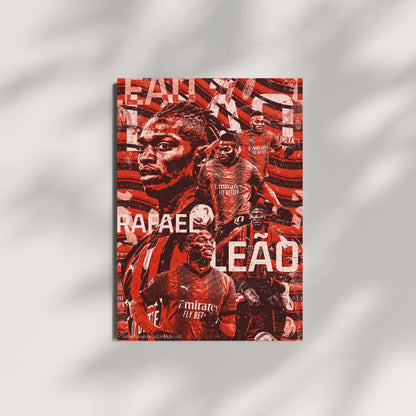 Rafael Leão football wall art featuring a red and black collage of the AC Milan forward displayed on a modern wall