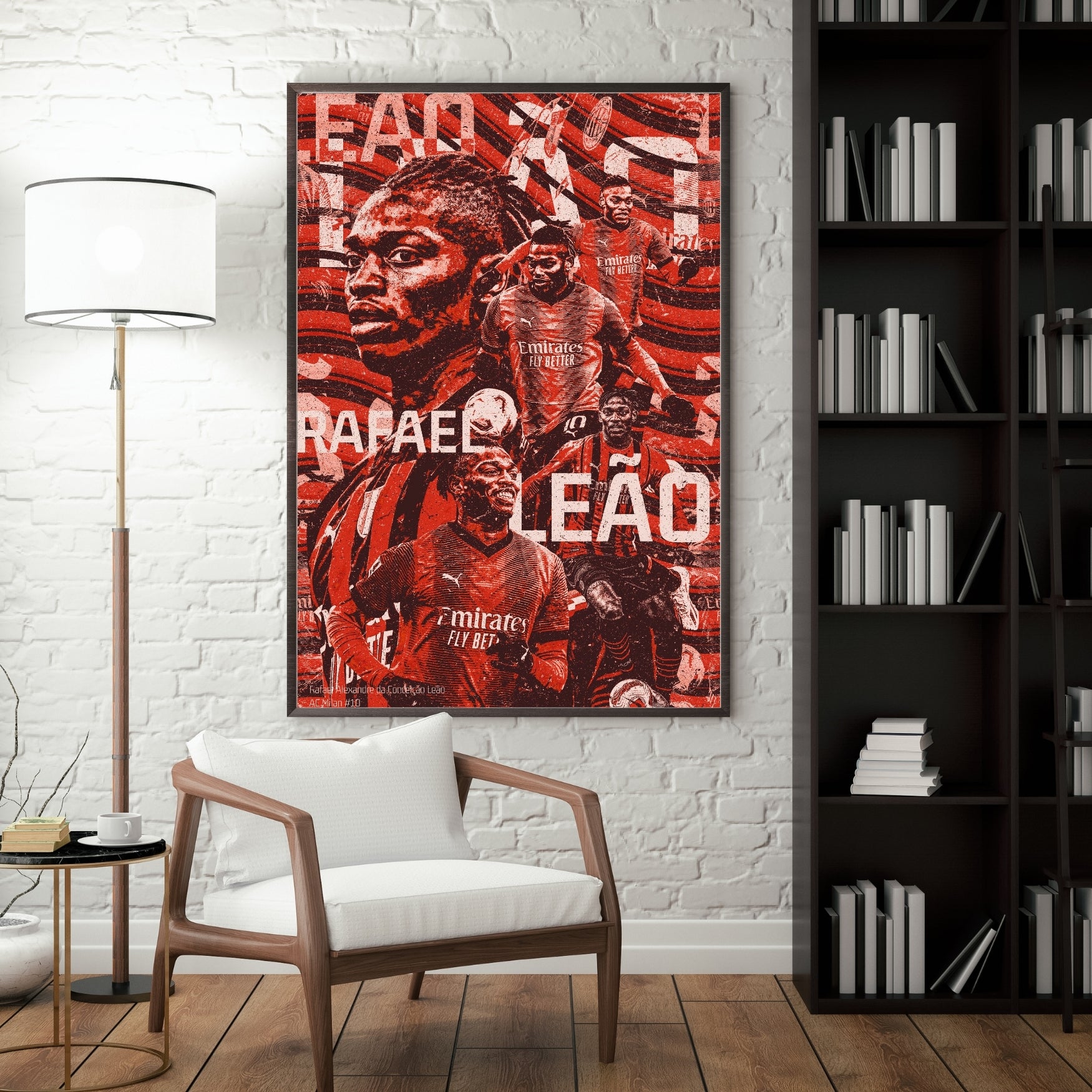 Rafael Leão AC Milan football poster displayed in a modern interior with bold red and black artwork