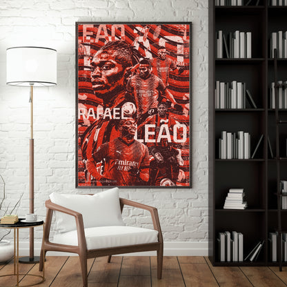 Rafael Leão AC Milan football poster displayed in a modern interior with bold red and black artwork