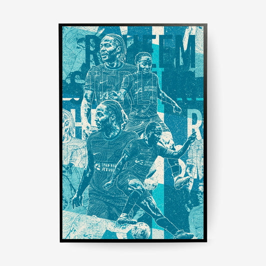 Raheem Sterling football poster in a black frame featuring a blue Chelsea player collage