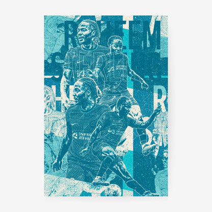 Raheem Sterling football poster featuring a blue and white Chelsea player collage
