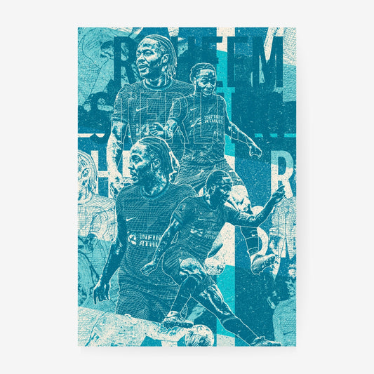 Raheem Sterling football poster featuring a blue and white Chelsea player collage