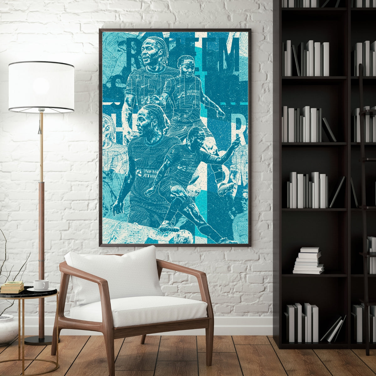 Raheem Sterling Chelsea football poster displayed in a modern interior with a dark frame