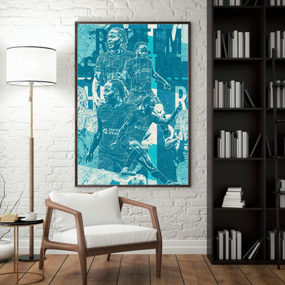 Raheem Sterling Chelsea football poster displayed in a modern interior with a dark frame