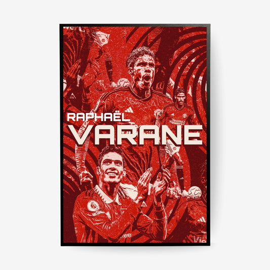 Raphaël Varane football poster in a black frame featuring a red Manchester United collage