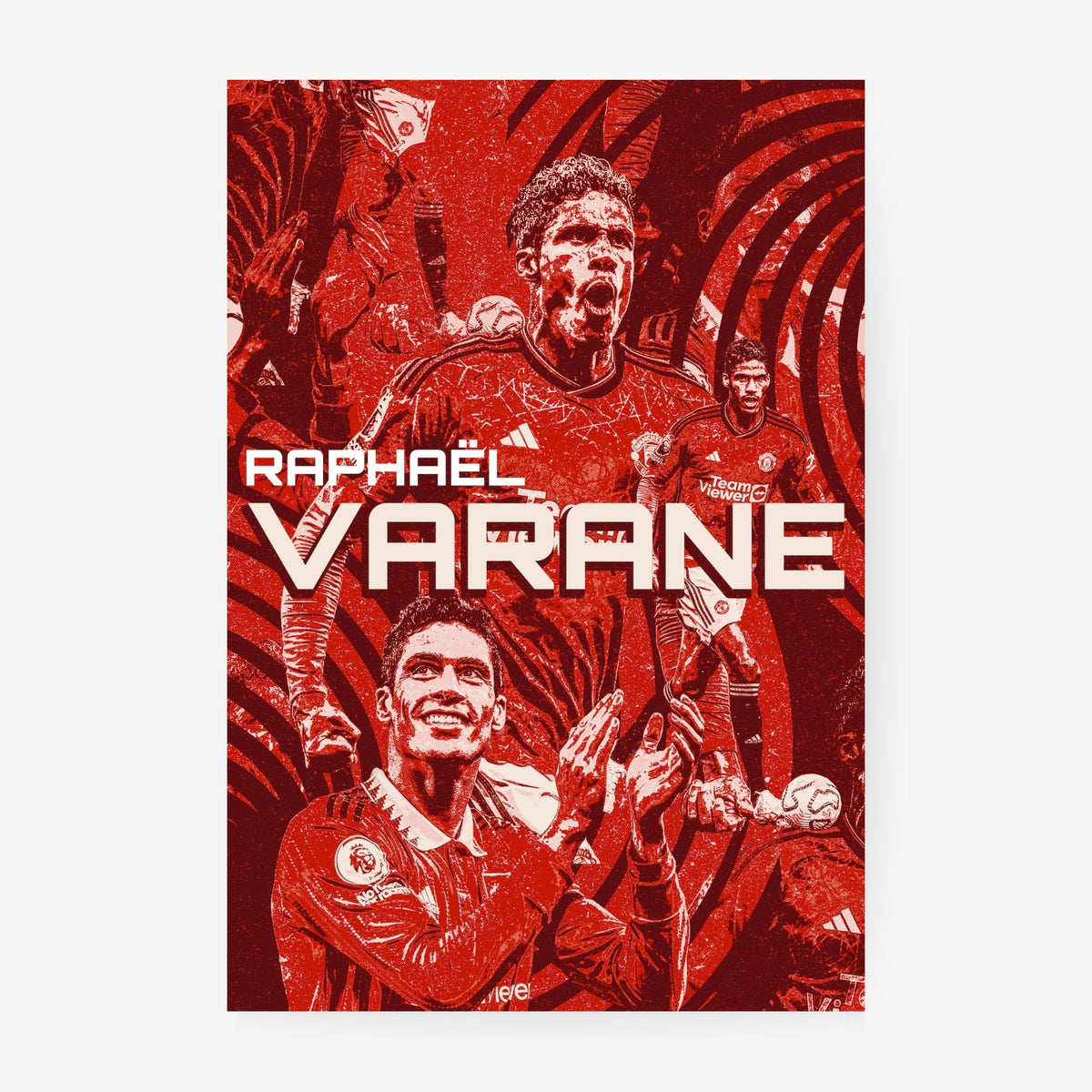 Raphaël Varane football poster featuring a red Manchester United player collage
