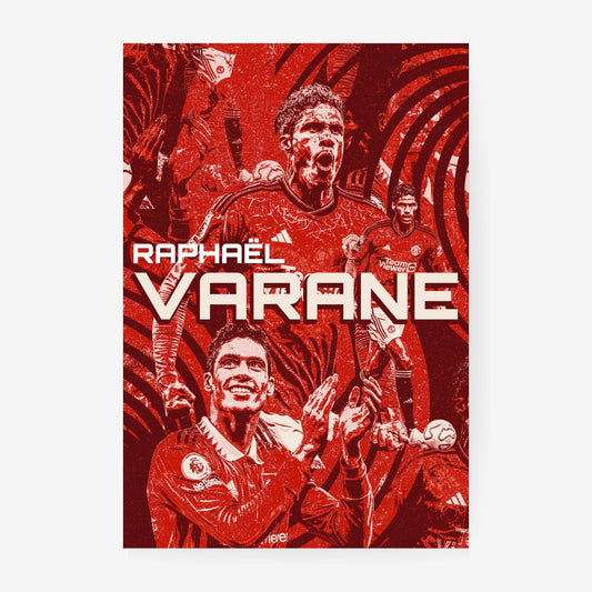 Raphaël Varane football poster featuring a red Manchester United player collage
