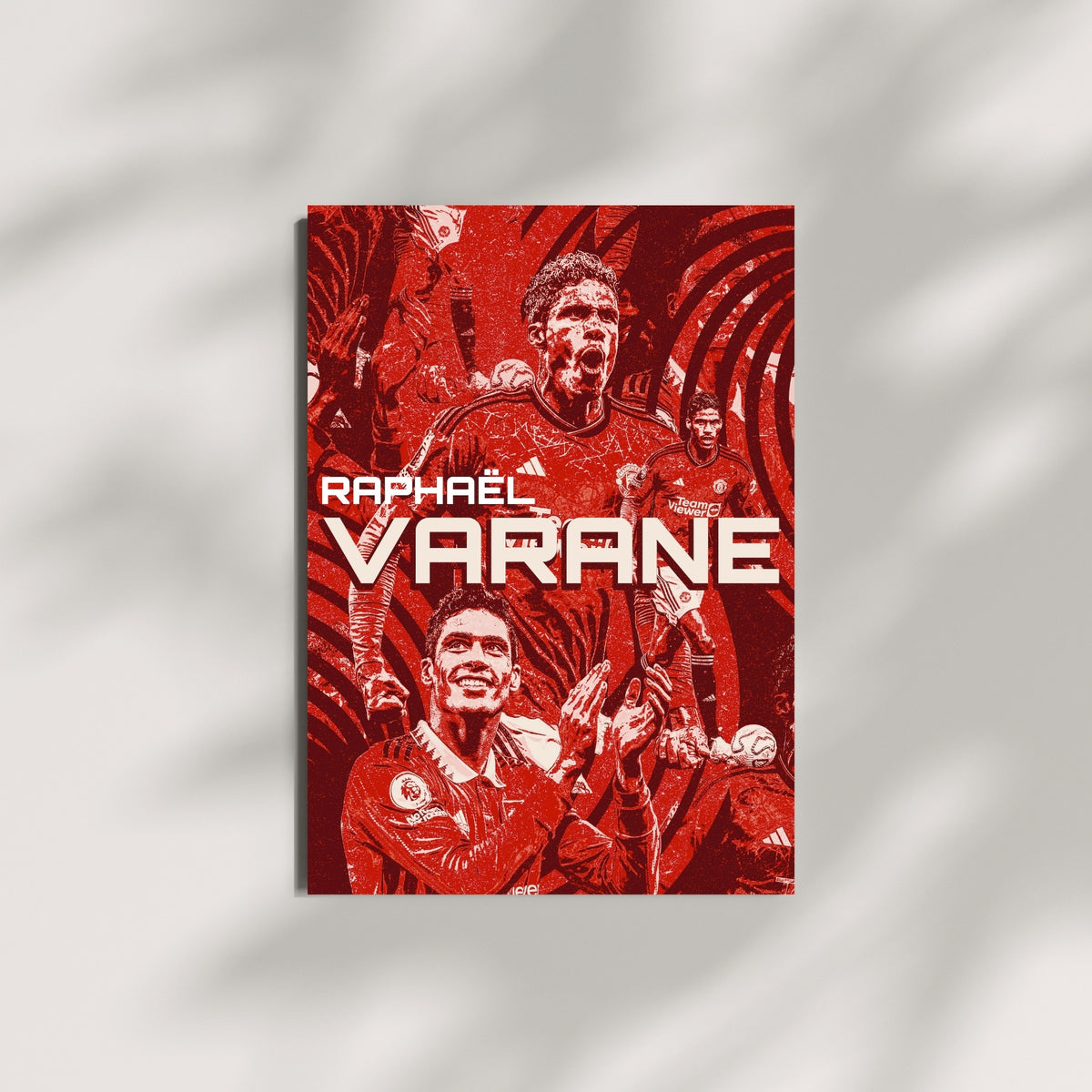 Raphaël Varane football wall art featuring a bold red Manchester United design