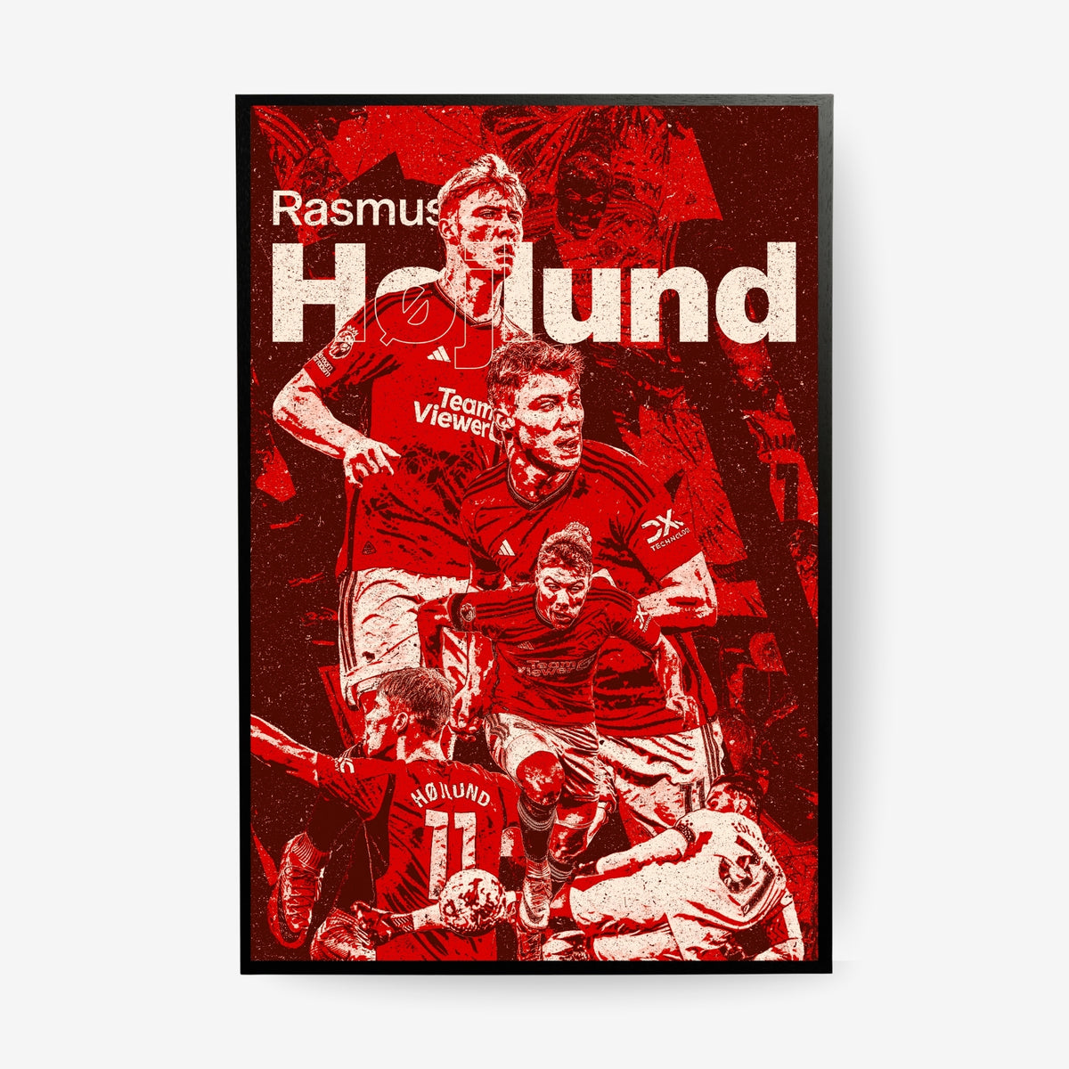 Rasmus Højlund Manchester United poster in a black frame featuring a red and cream football collage design