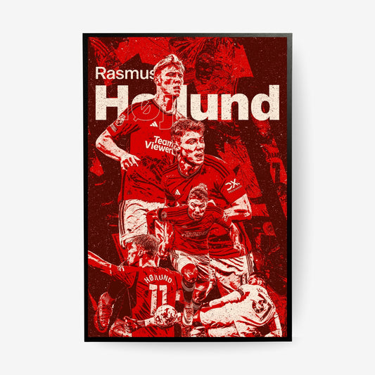 Rasmus Højlund Manchester United poster in a black frame featuring a red and cream football collage design