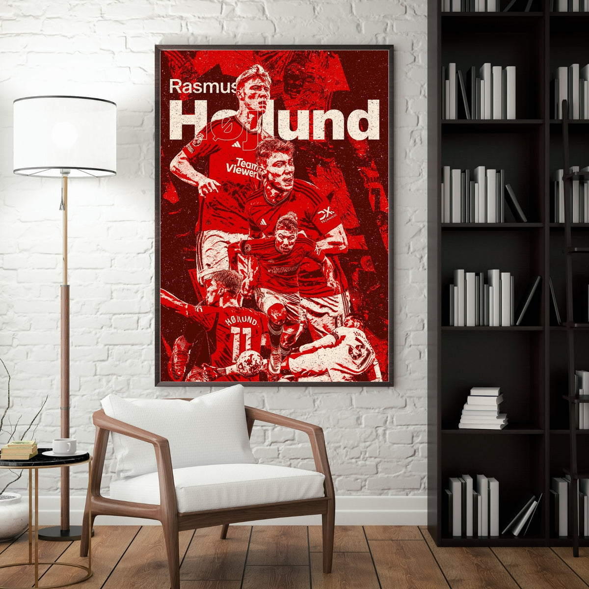 Rasmus Højlund Manchester United poster displayed in a modern interior with a dark frame