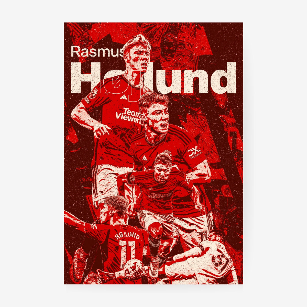 Rasmus Højlund Manchester United poster featuring the Danish striker in a red vintage-style football collage