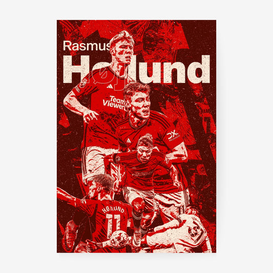 Rasmus Højlund Manchester United poster featuring the Danish striker in a red vintage-style football collage