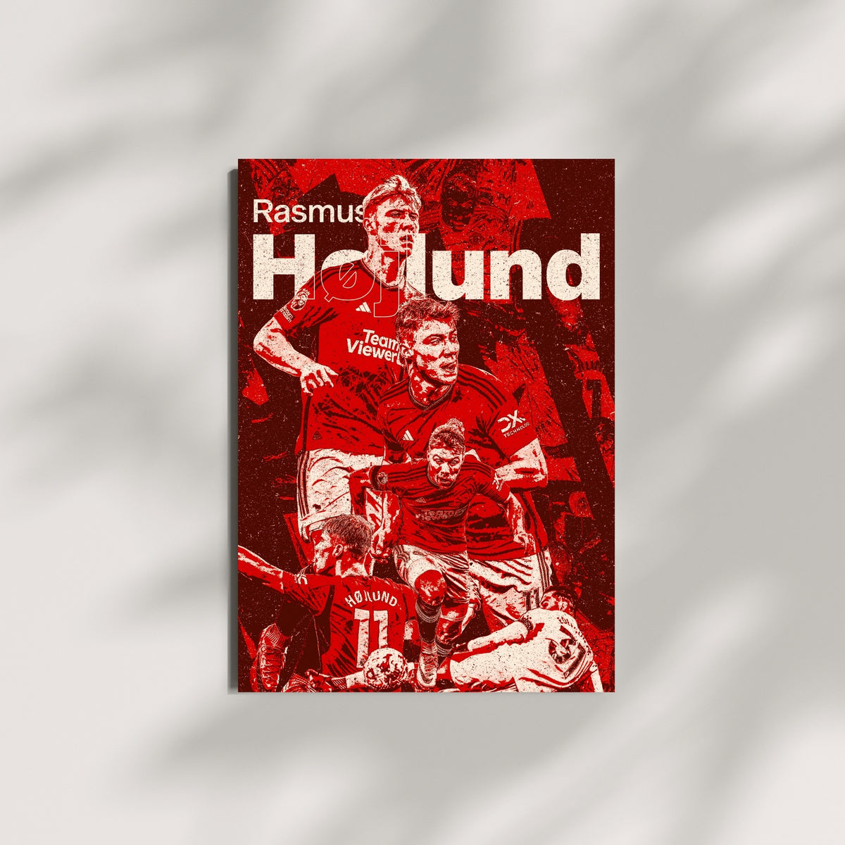 Rasmus Højlund Manchester United wall art displayed on a minimalist wall in a red graphic design